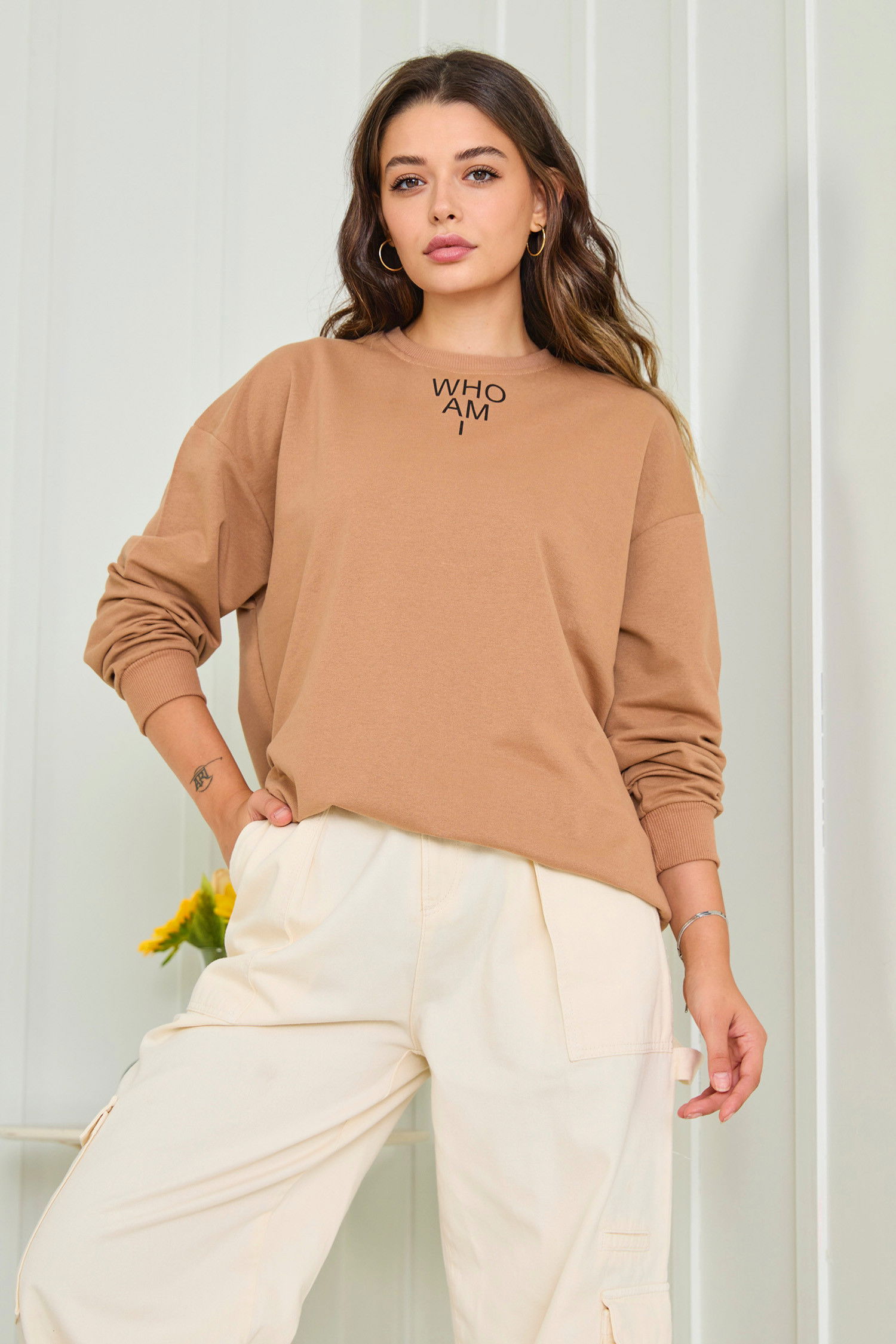 Düz Bisiklet Yaka Kadın Vizon Sweat - 23007