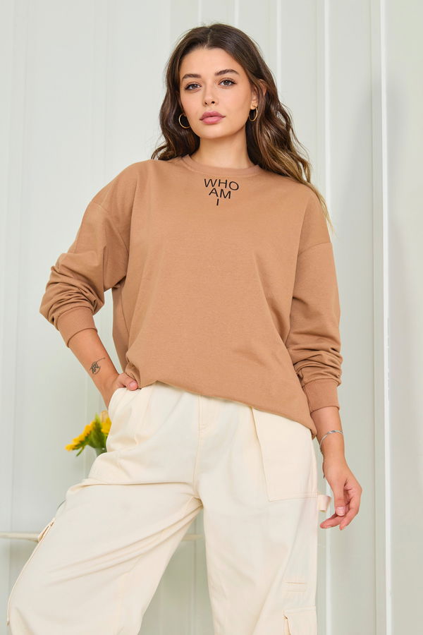 Düz Bisiklet Yaka Kadın Vizon Sweat - 23007