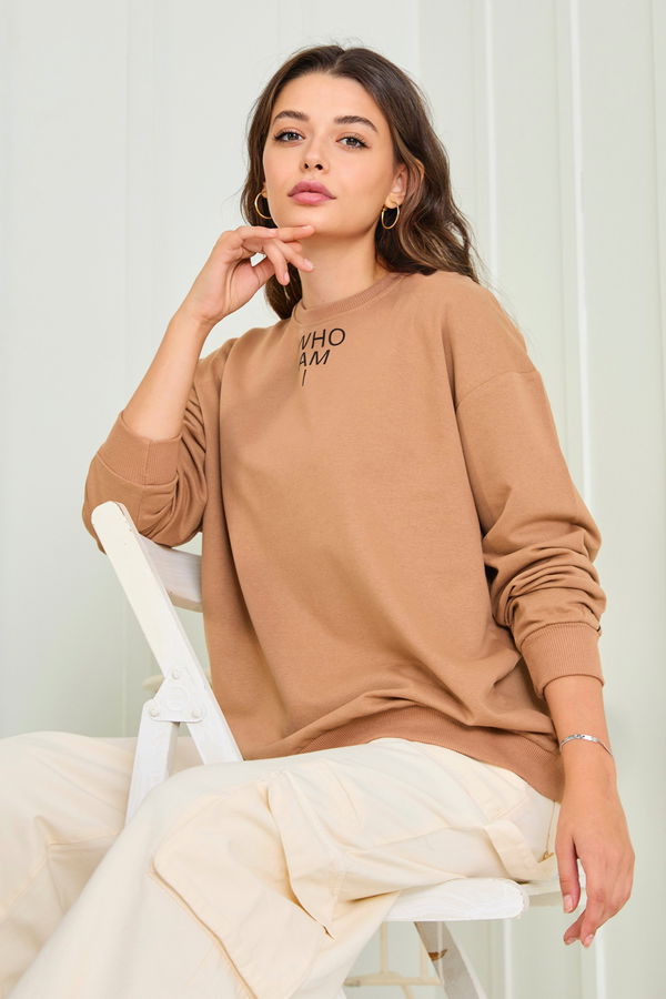 Düz Bisiklet Yaka Kadın Vizon Sweat - 23007