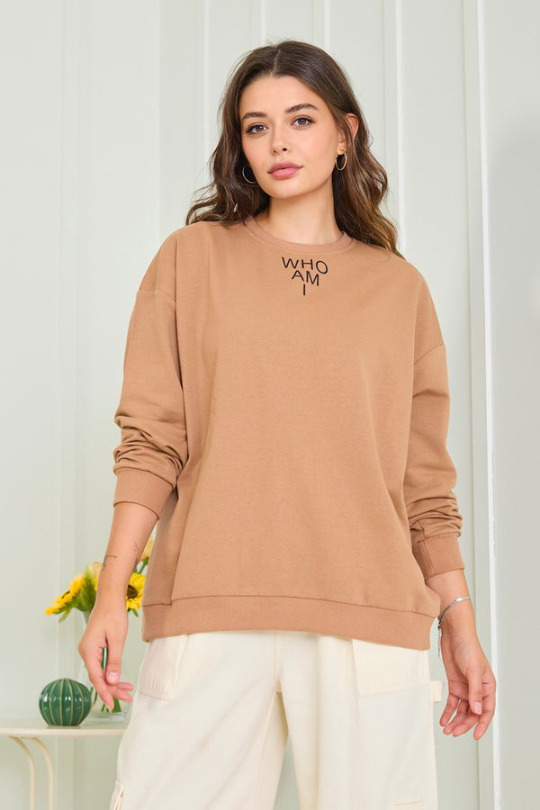 Düz Bisiklet Yaka Kadın Vizon Sweat - 23007