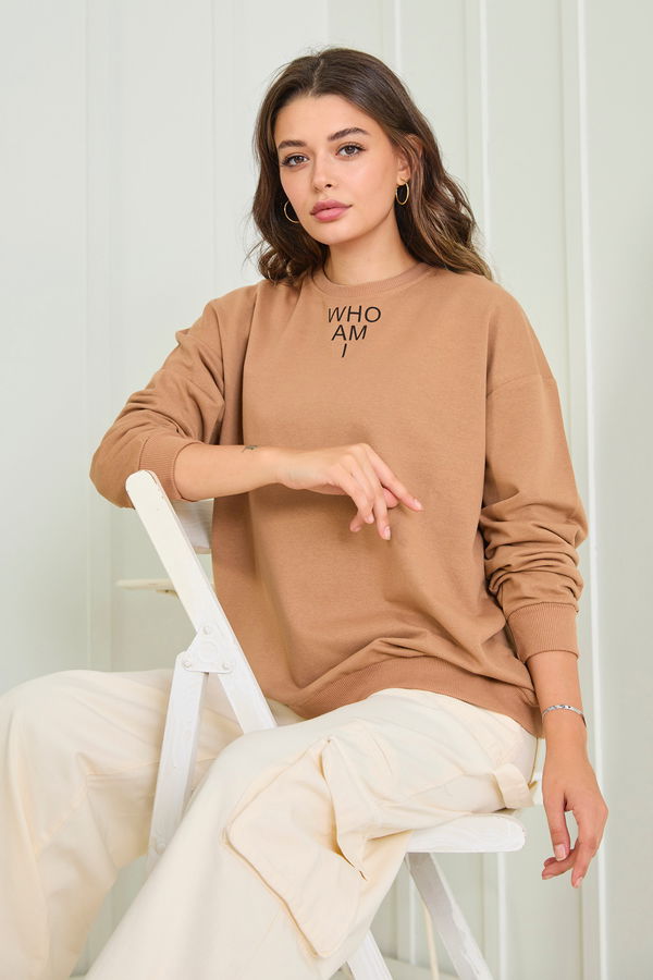 Düz Bisiklet Yaka Kadın Vizon Sweat - 23007