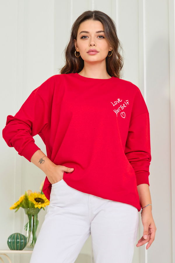 Düz Bisiklet Yaka Kadın Kırmızı Sweat - 23004