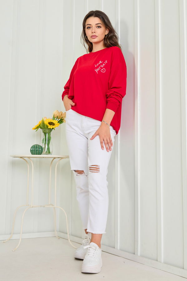 Düz Bisiklet Yaka Kadın Kırmızı Sweat - 23004