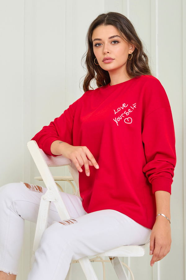 Düz Bisiklet Yaka Kadın Kırmızı Sweat - 23004