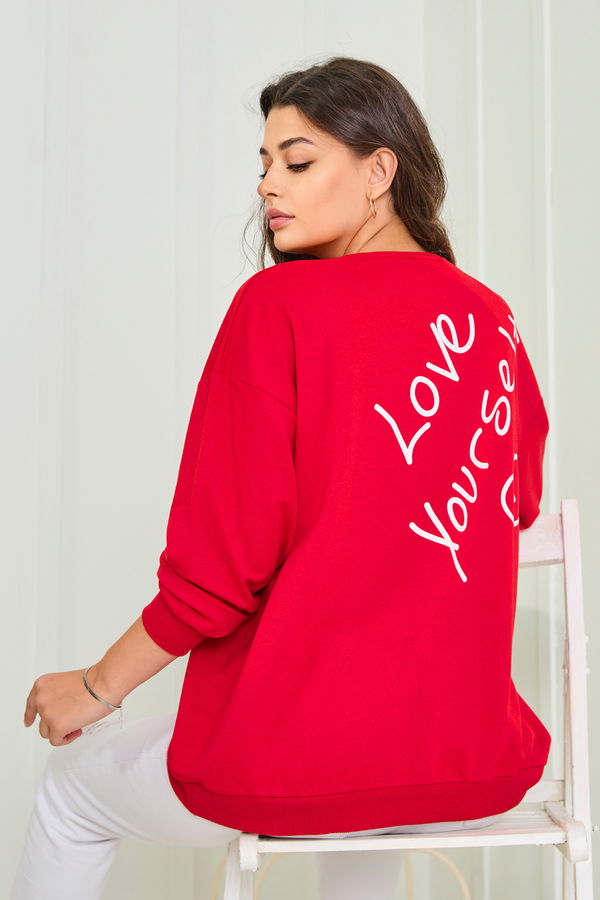 Düz Bisiklet Yaka Kadın Kırmızı Sweat - 23004
