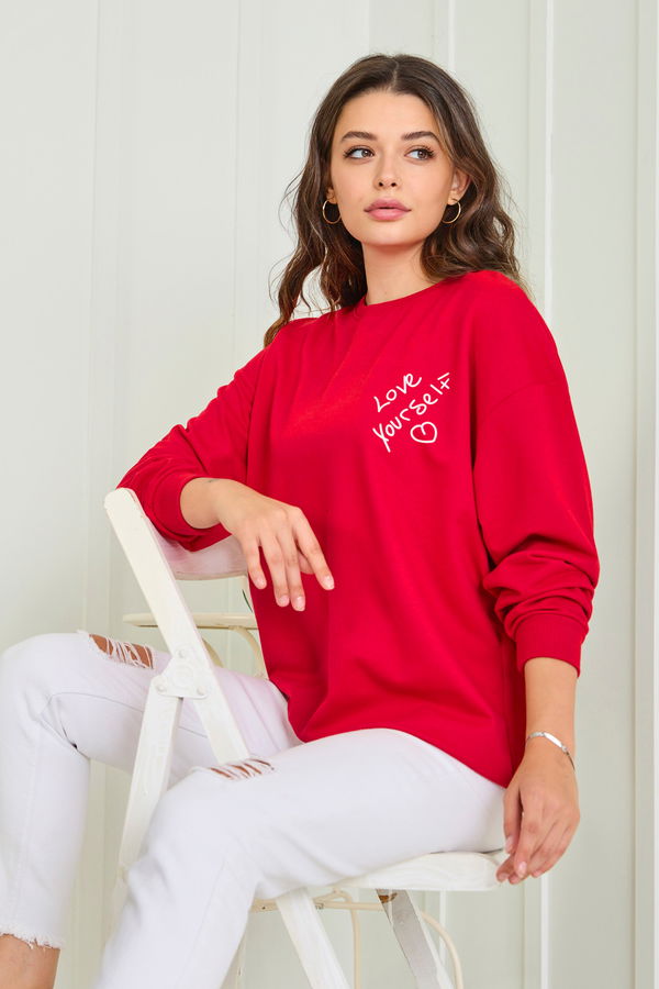 Düz Bisiklet Yaka Kadın Kırmızı Sweat - 23004