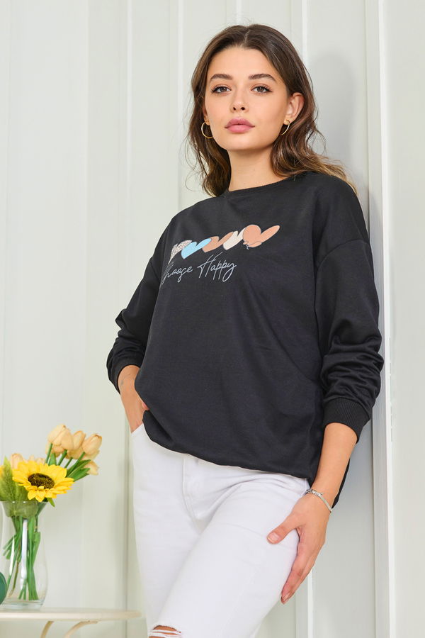 Düz Bisiklet Yaka Kadın Siyah Sweat - 23005