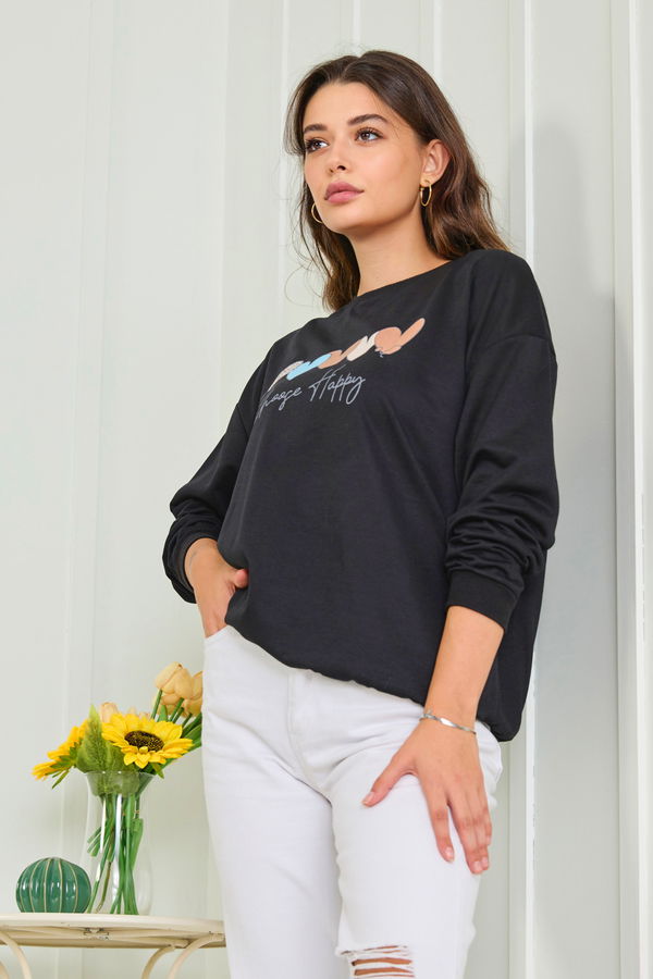 Düz Bisiklet Yaka Kadın Siyah Sweat - 23005