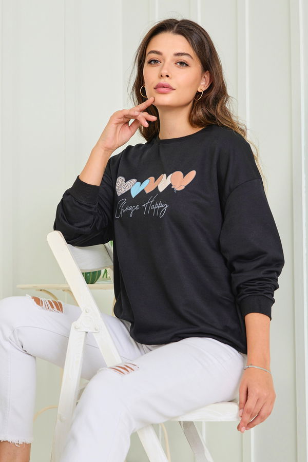 Düz Bisiklet Yaka Kadın Siyah Sweat - 23005