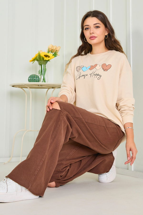 Düz Bisiklet Yaka Kadın Bej Sweat - 23005
