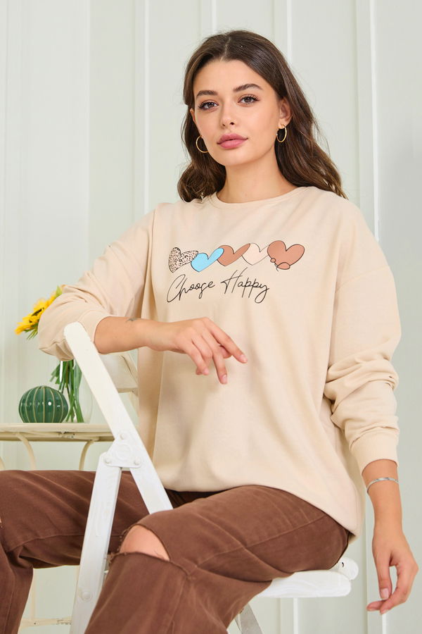 Düz Bisiklet Yaka Kadın Bej Sweat - 23005