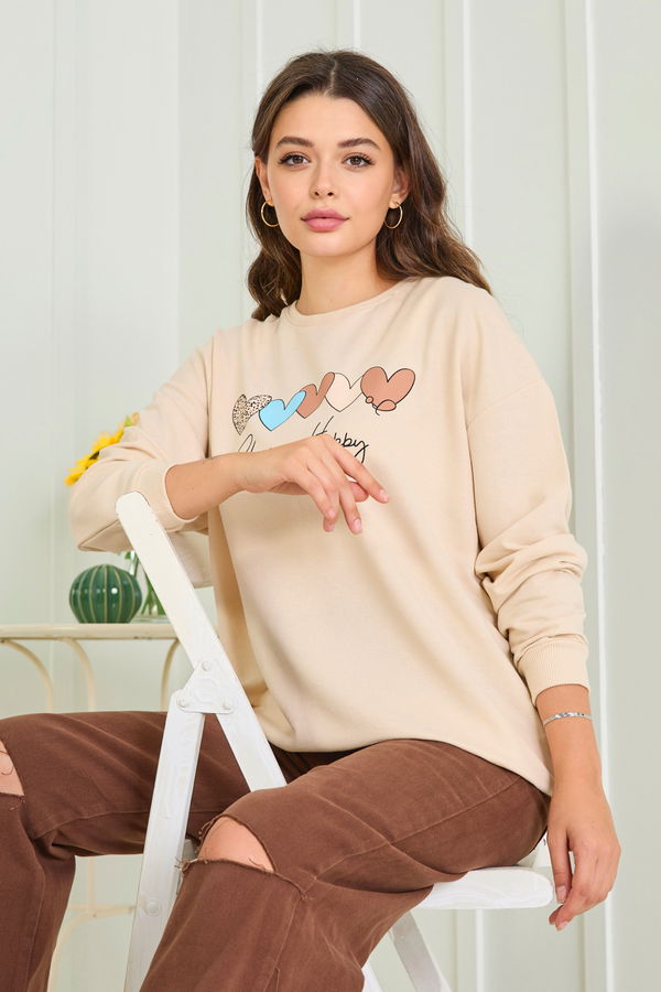 Düz Bisiklet Yaka Kadın Bej Sweat - 23005