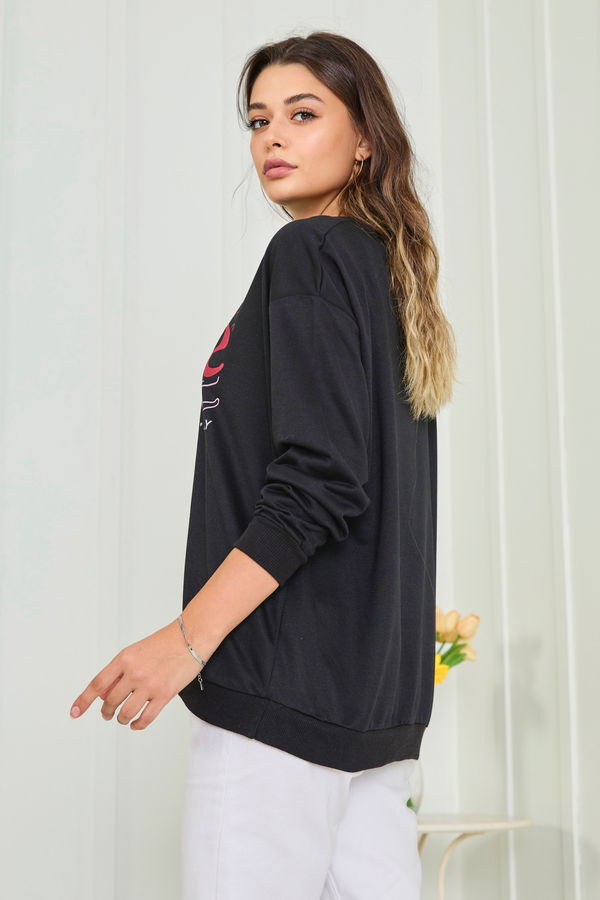 Düz Bisiklet Yaka Kadın Siyah Sweat - 23006