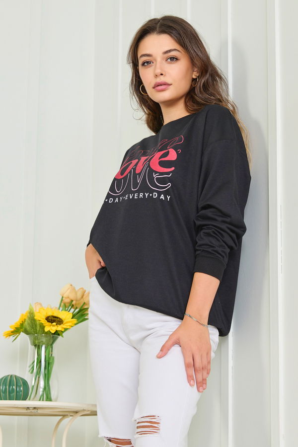 Düz Bisiklet Yaka Kadın Siyah Sweat - 23006