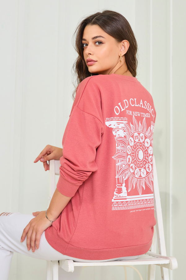 Düz Bisiklet Yaka Kadın Pembe Sweat - 23012 PEMBE