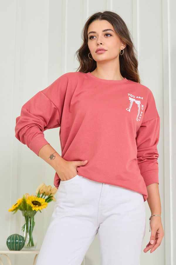 Düz Bisiklet Yaka Kadın Pembe Sweat - 23012 PEMBE