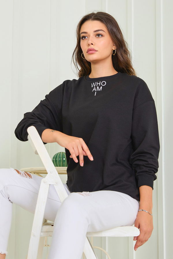 Düz Bisiklet Yaka Kadın Siyah Sweat - 23007