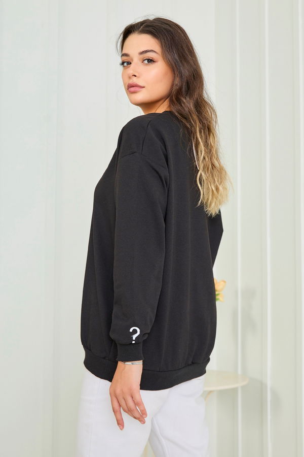 Düz Bisiklet Yaka Kadın Siyah Sweat - 23007