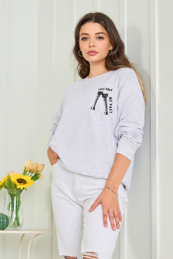 Düz Bisiklet Yaka Kadın Gri Sweat - 23012 GRİ