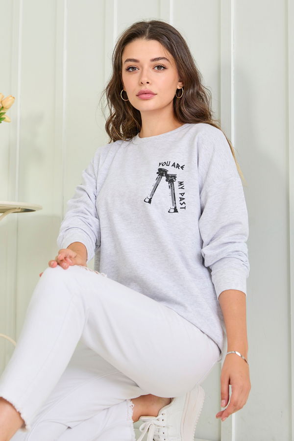 Düz Bisiklet Yaka Kadın Gri Sweat - 23012 GRİ