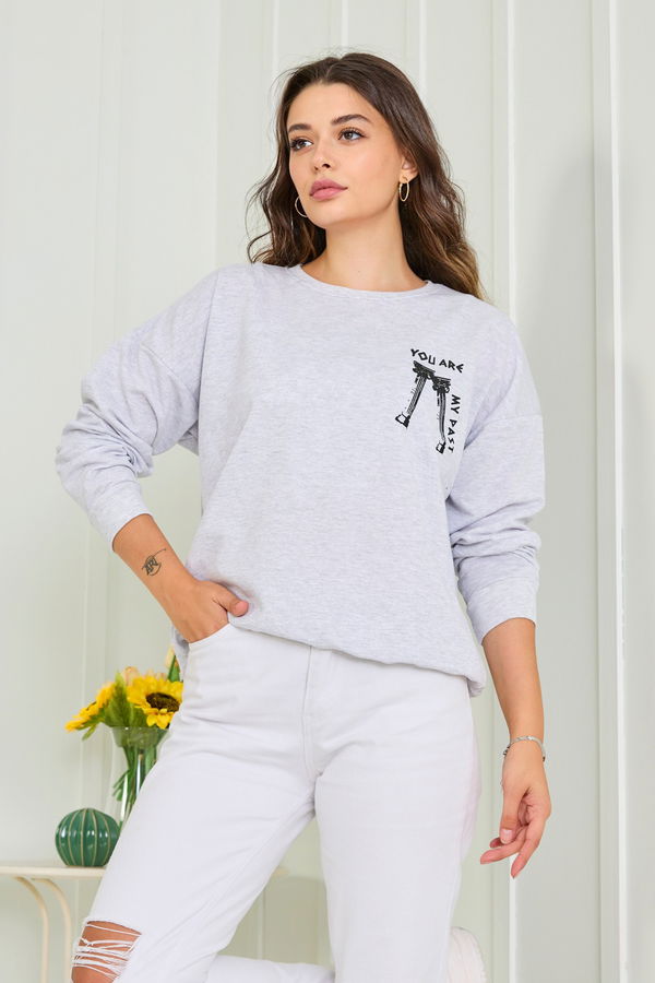 Düz Bisiklet Yaka Kadın Gri Sweat - 23012 GRİ