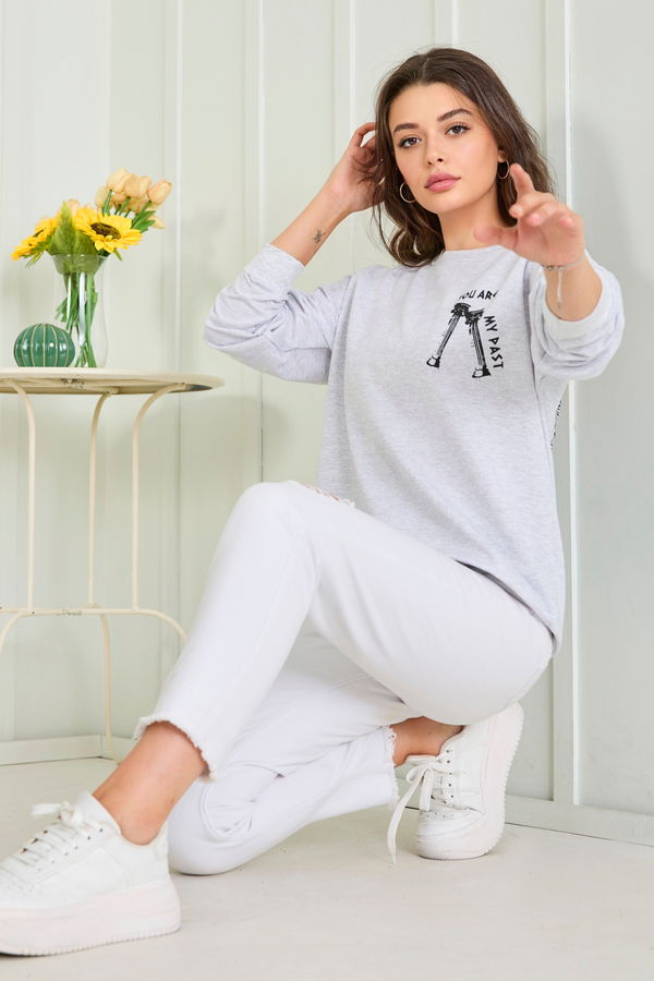 Düz Bisiklet Yaka Kadın Gri Sweat - 23012 GRİ