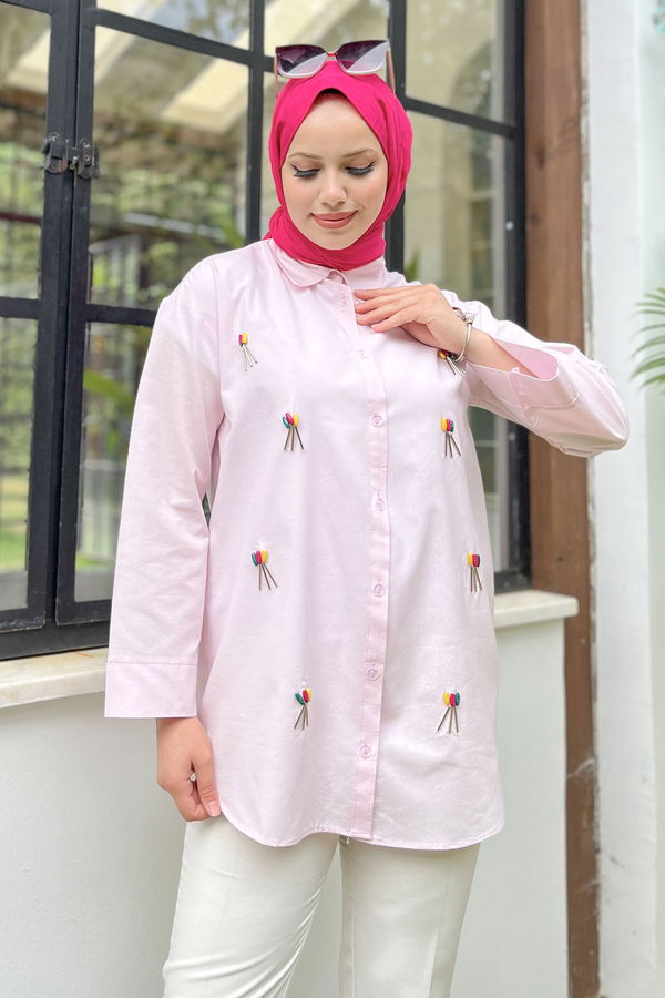 Düz Gömlek Yaka Kadın Pembe Gömlek - 11367