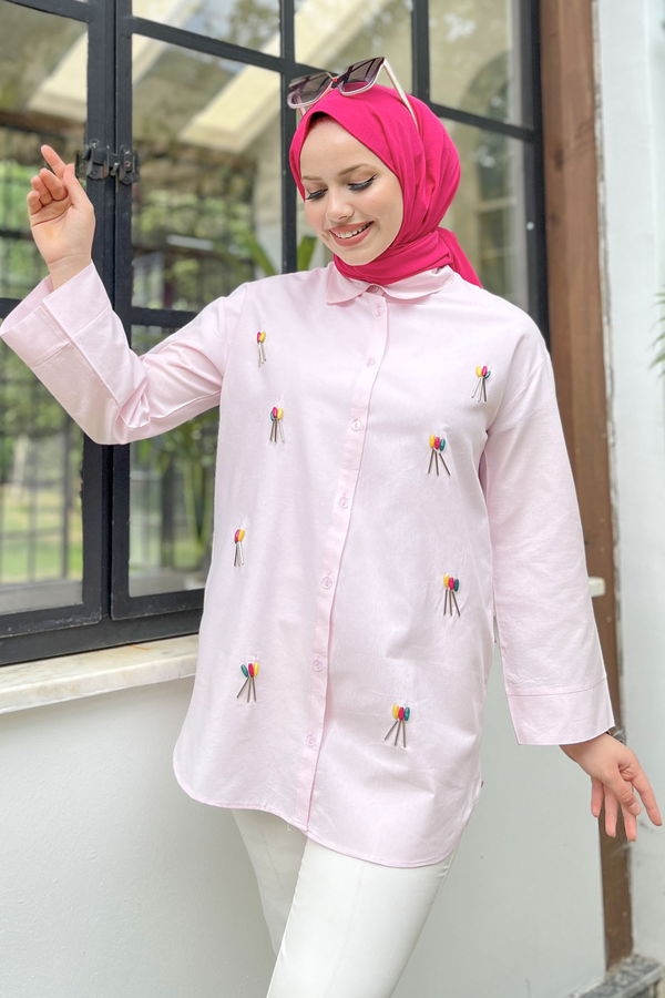 Düz Gömlek Yaka Kadın Pembe Gömlek - 11367