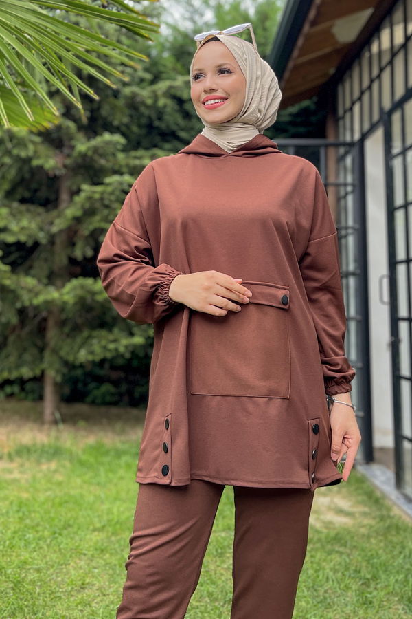 Düz Orta Kadın Kahverengi Tunik Pantolon - 11403