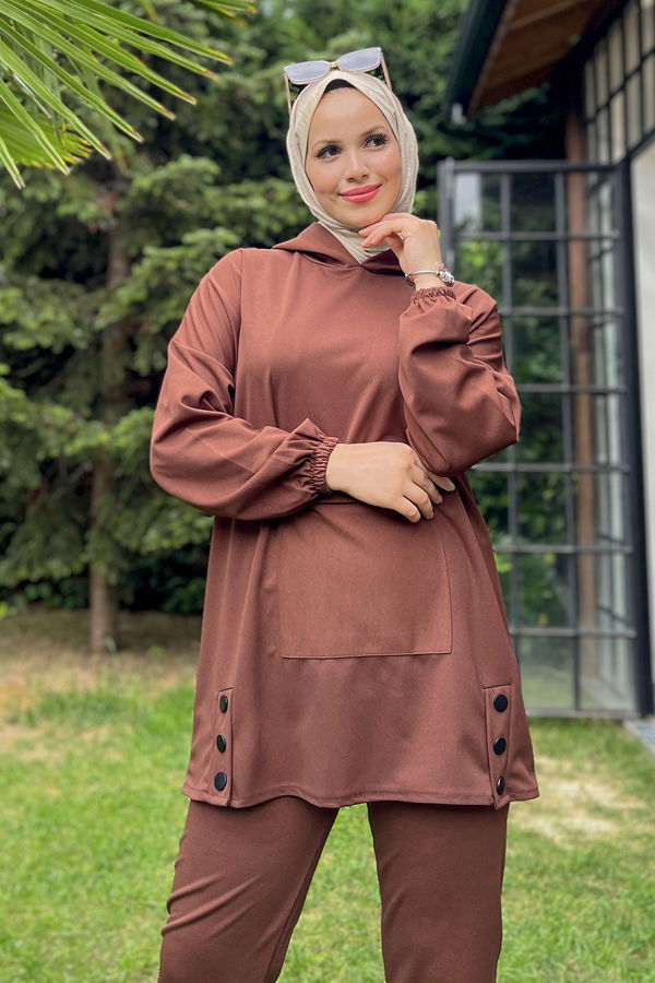 Düz Orta Kadın Kahverengi Tunik Pantolon - 11403