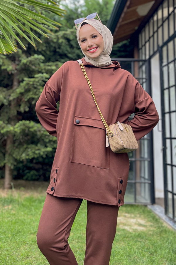 Düz Orta Kadın Kahverengi Tunik Pantolon - 11403