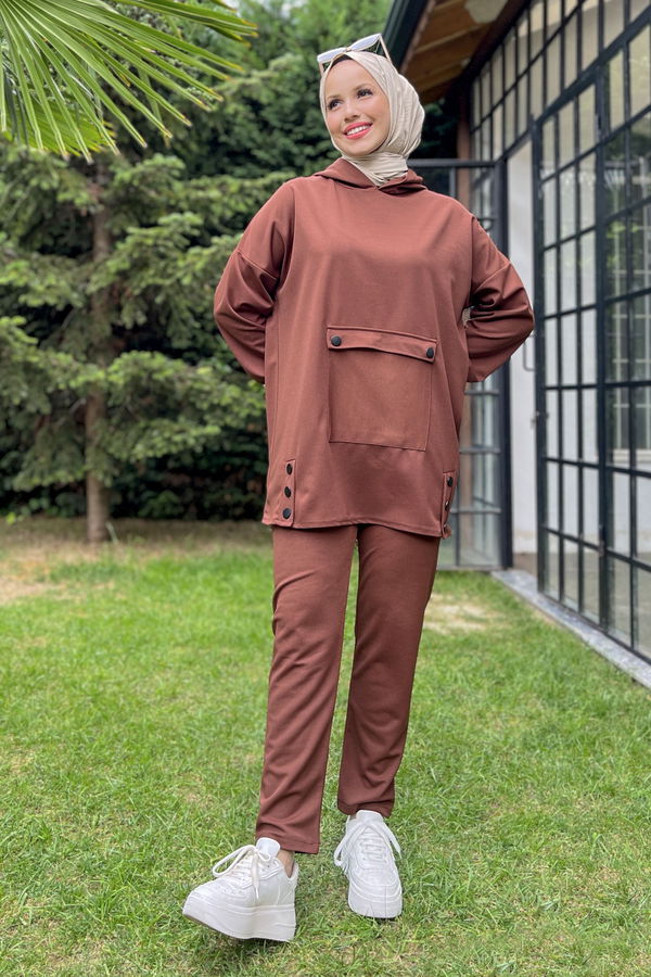 Düz Orta Kadın Kahverengi Tunik Pantolon - 11403