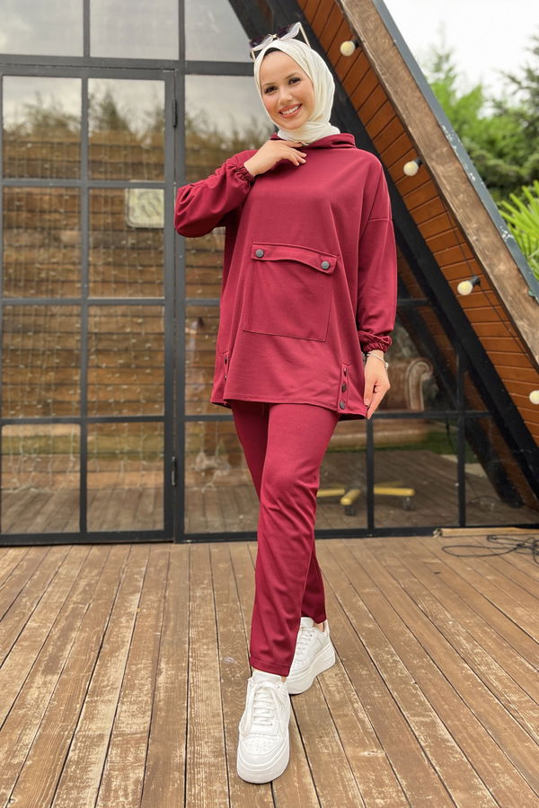 Düz Orta Kadın Bordo Tunik Pantolon - 11403