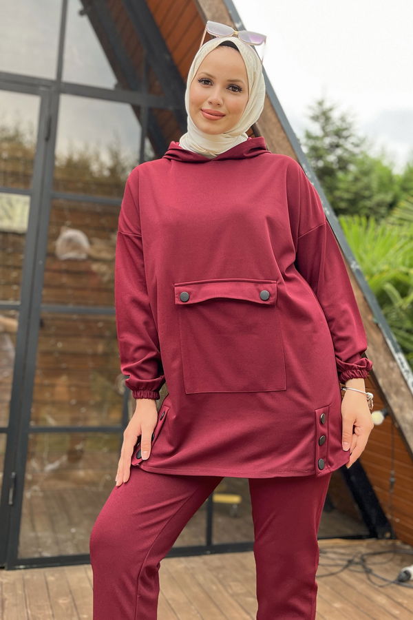 Düz Orta Kadın Bordo Tunik Pantolon - 11403