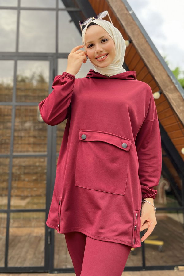 Düz Orta Kadın Bordo Tunik Pantolon - 11403