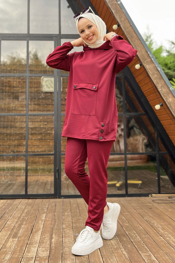 Düz Orta Kadın Bordo Tunik Pantolon - 11403