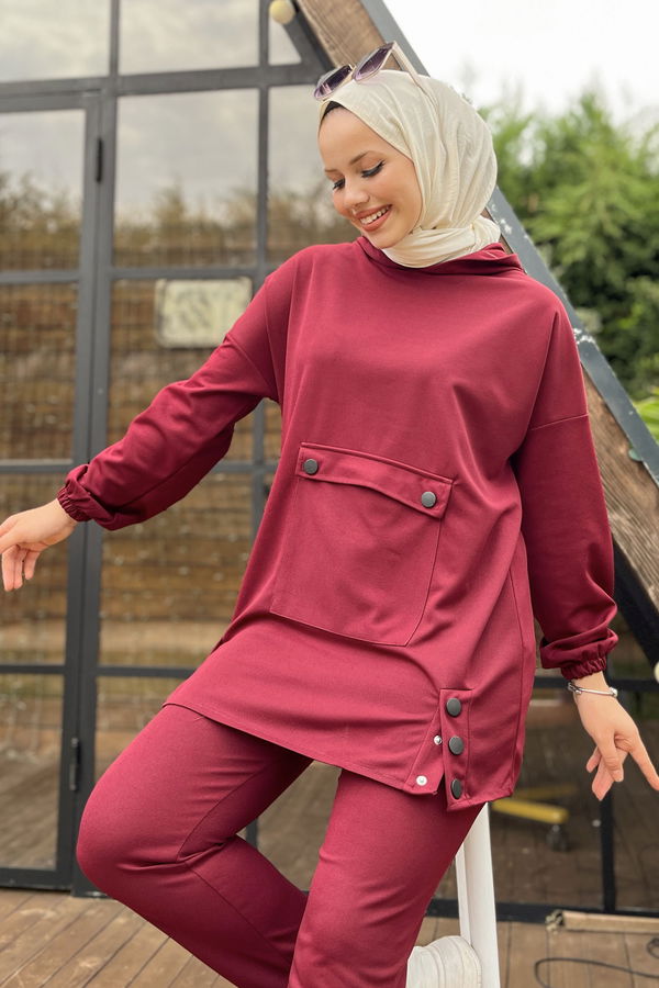 Düz Orta Kadın Bordo Tunik Pantolon - 11403