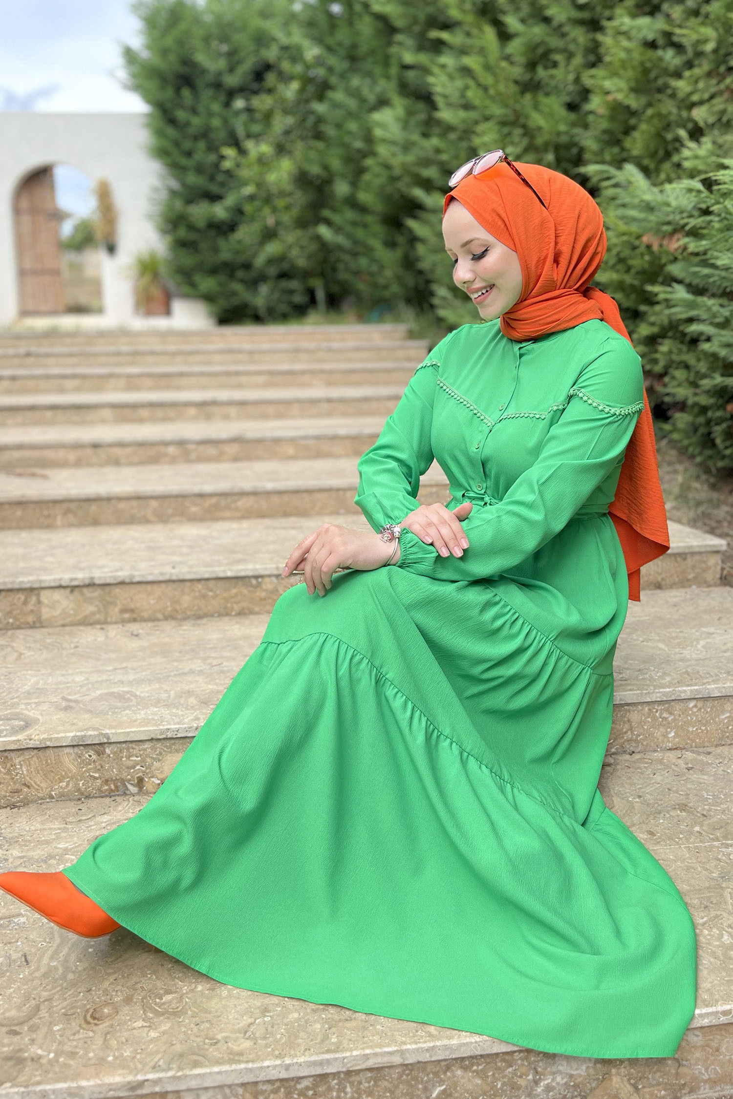 Düz Hakim Yaka Kadın Yeşil Elbise - 11504