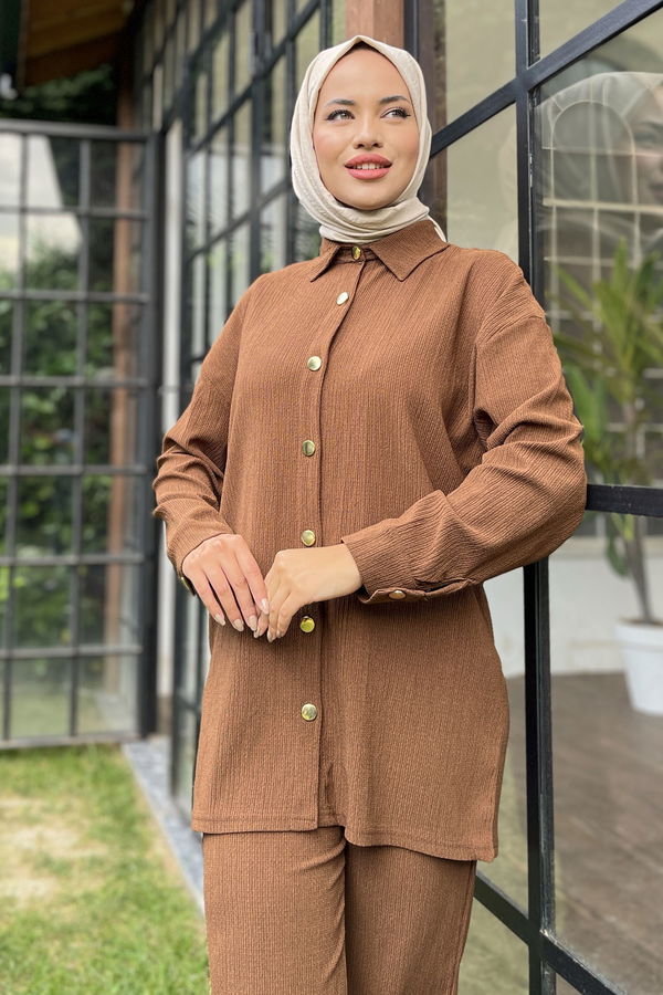 Düz Gömlek Yaka Kadın Kahverengi Tunik+Pantolon - 11526