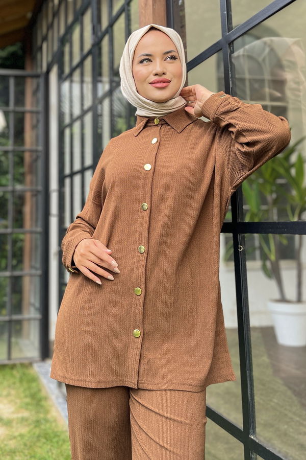 Düz Gömlek Yaka Kadın Kahverengi Tunik+Pantolon - 11526
