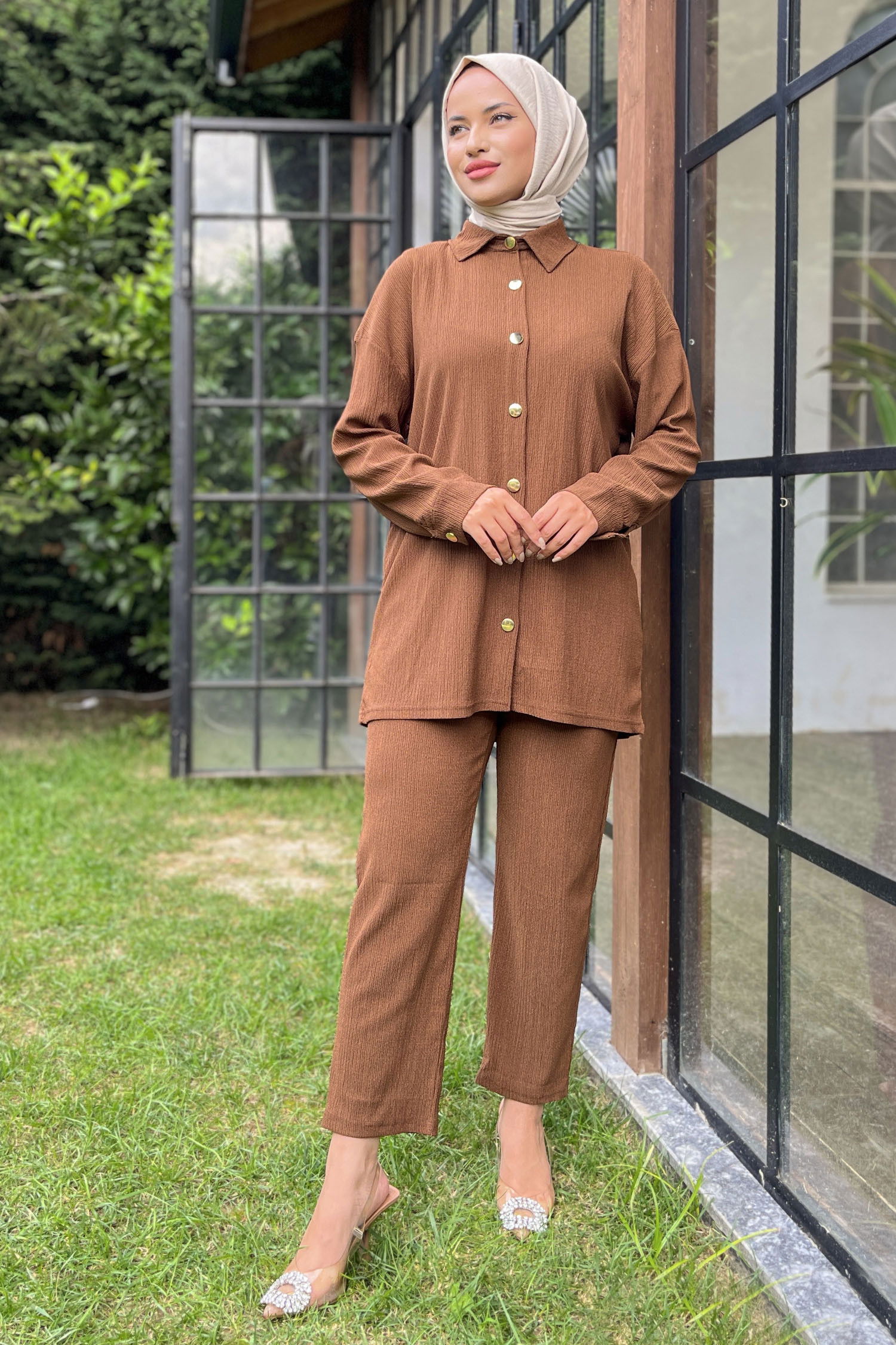 Düz Gömlek Yaka Kadın Kahverengi Tunik+Pantolon - 11526