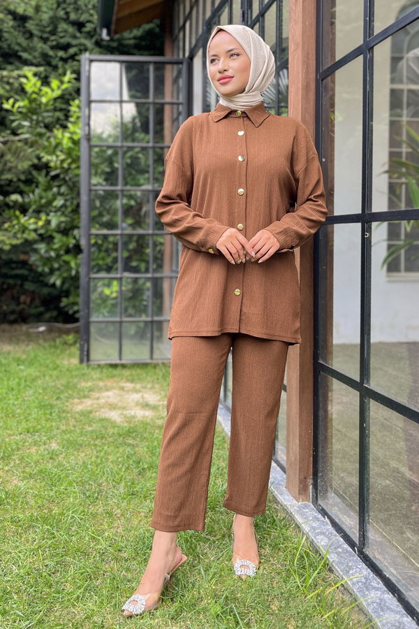 Düz Gömlek Yaka Kadın Kahverengi Tunik+Pantolon - 11526