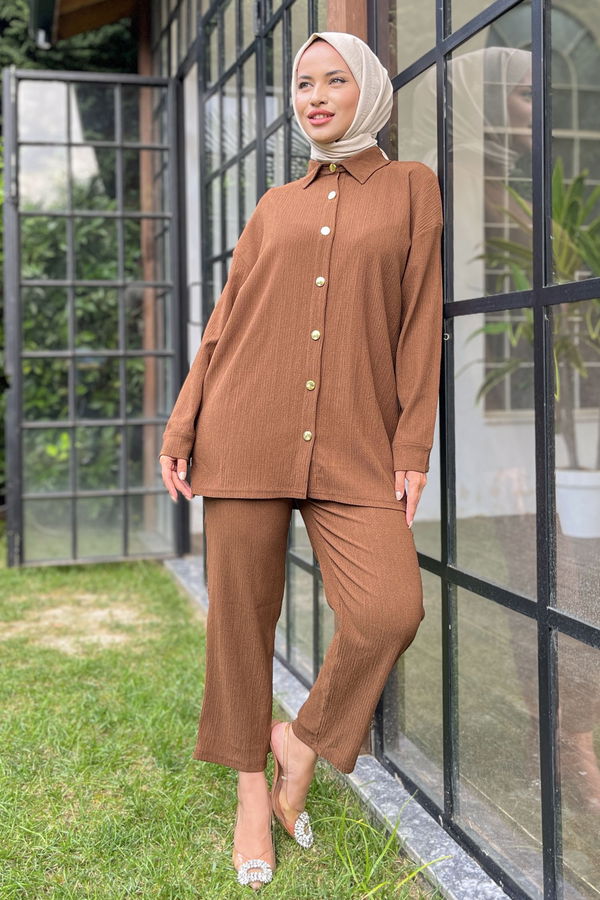 Düz Gömlek Yaka Kadın Kahverengi Tunik+Pantolon - 11526