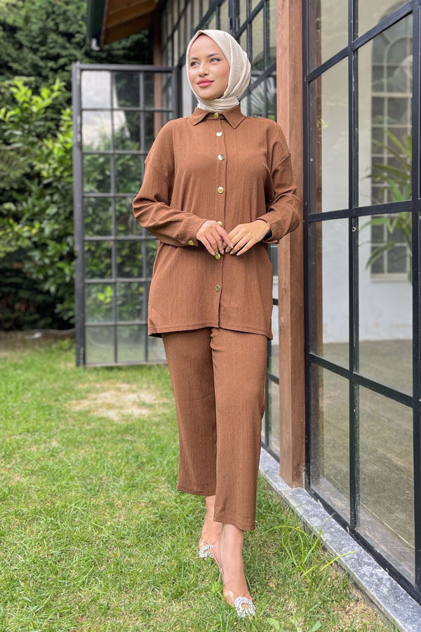 Düz Gömlek Yaka Kadın Kahverengi Tunik+Pantolon - 11526