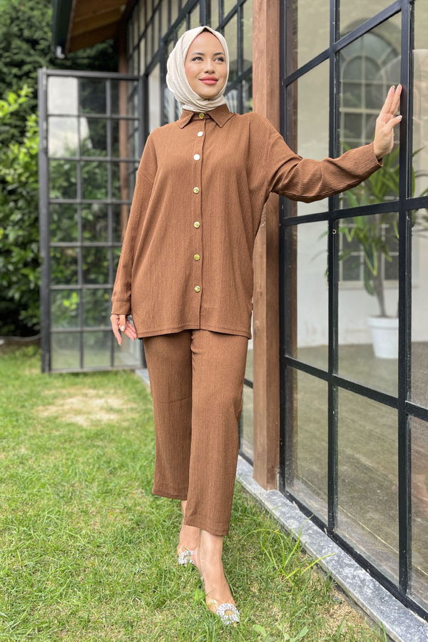 Düz Gömlek Yaka Kadın Kahverengi Tunik+Pantolon - 11526
