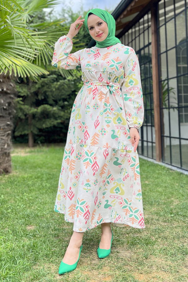 Düz Bisiklet Yaka Kadın Yeşil Elbise - 11682