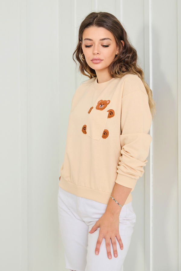 Düz Bisiklet Yaka Kadın Bej Sweat - 23030