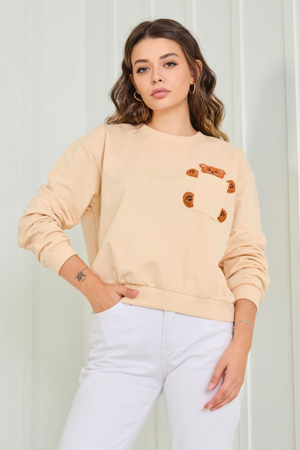 Düz Bisiklet Yaka Kadın Bej Sweat - 23030