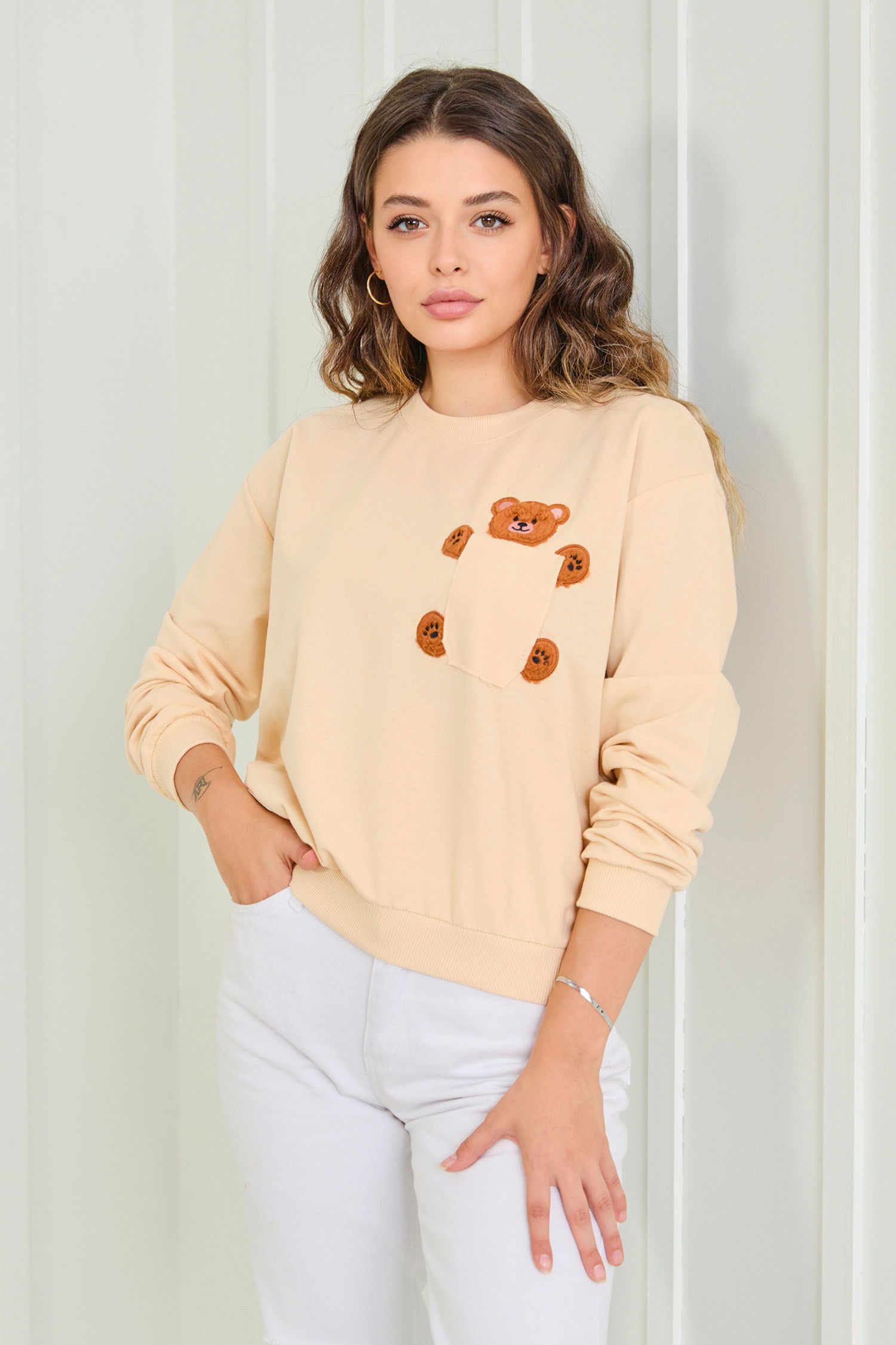 Düz Bisiklet Yaka Kadın Bej Sweat - 23030