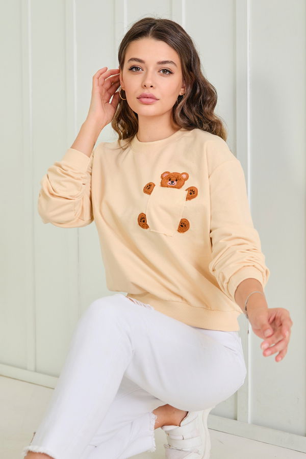 Düz Bisiklet Yaka Kadın Bej Sweat - 23030